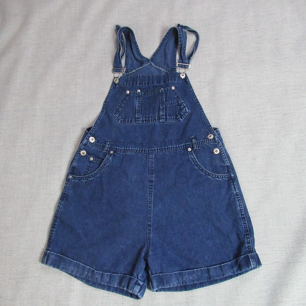 Vtg Xhilaration Overall Shorts Juniors 11 Blue Denim Shortalls Back Patch Y2K